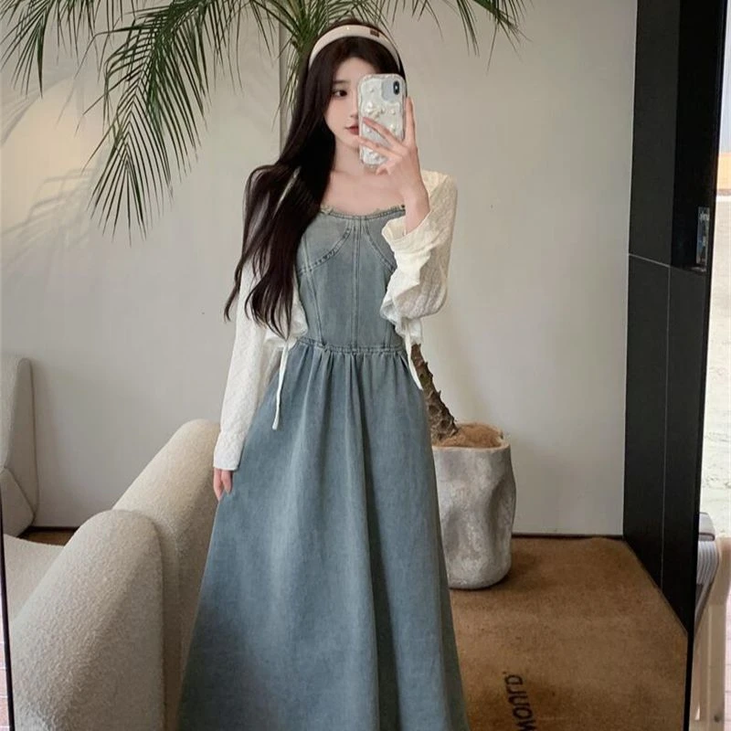 包包专属大码春夏季新款遮肚子蕾丝牛仔吊带裙+开衫两件套1263