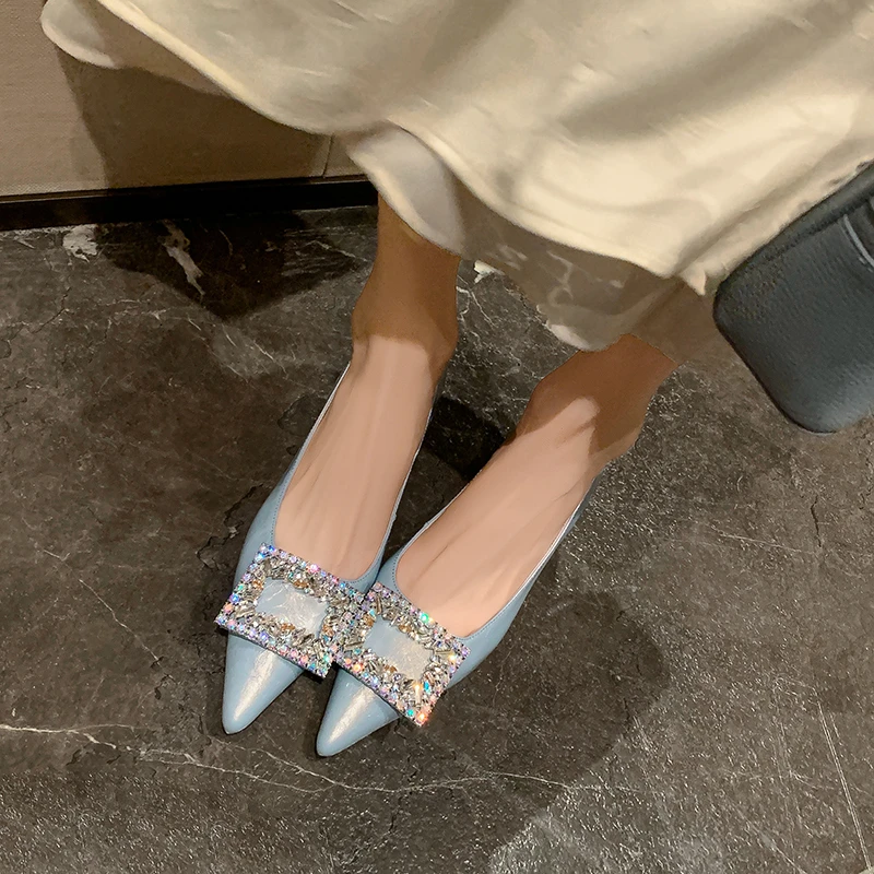 【Timeless】2025春新款方钻水钻软牛皮防掉跟百搭尖头平跟单鞋-2cm