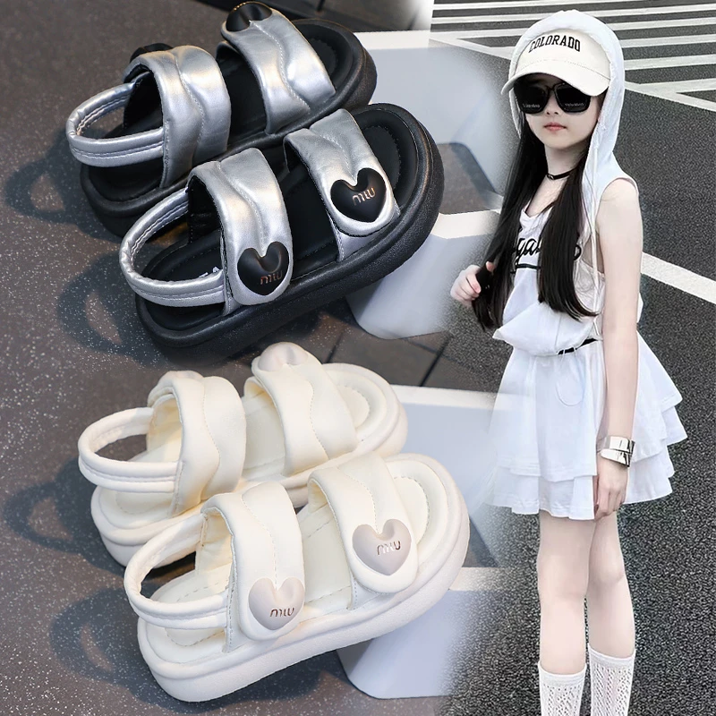 凉鞋女大童2025新款夏季儿童厚底魔术贴休闲运动沙滩鞋女童高级感