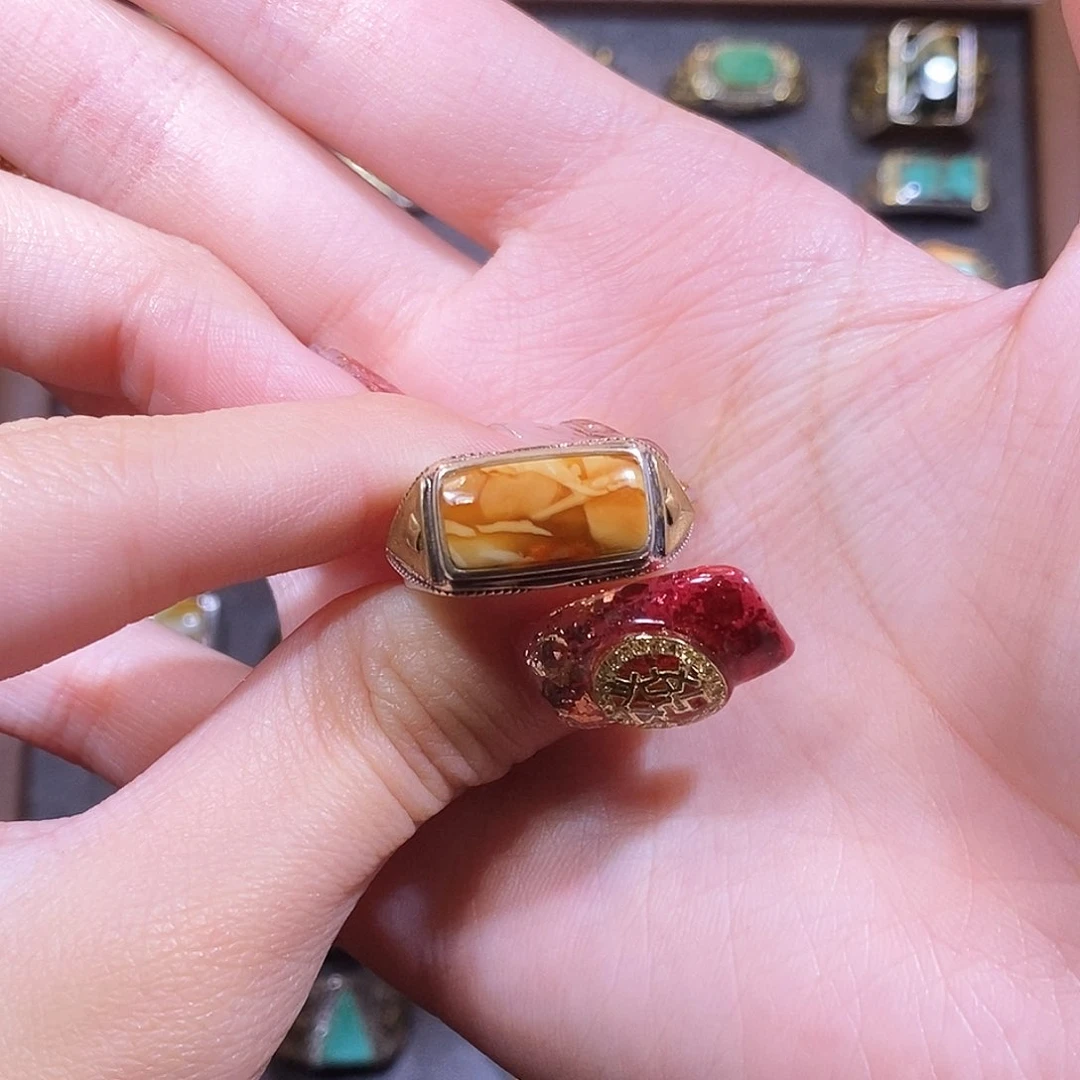 琥珀戒指银S925镶嵌啊*哒戒指