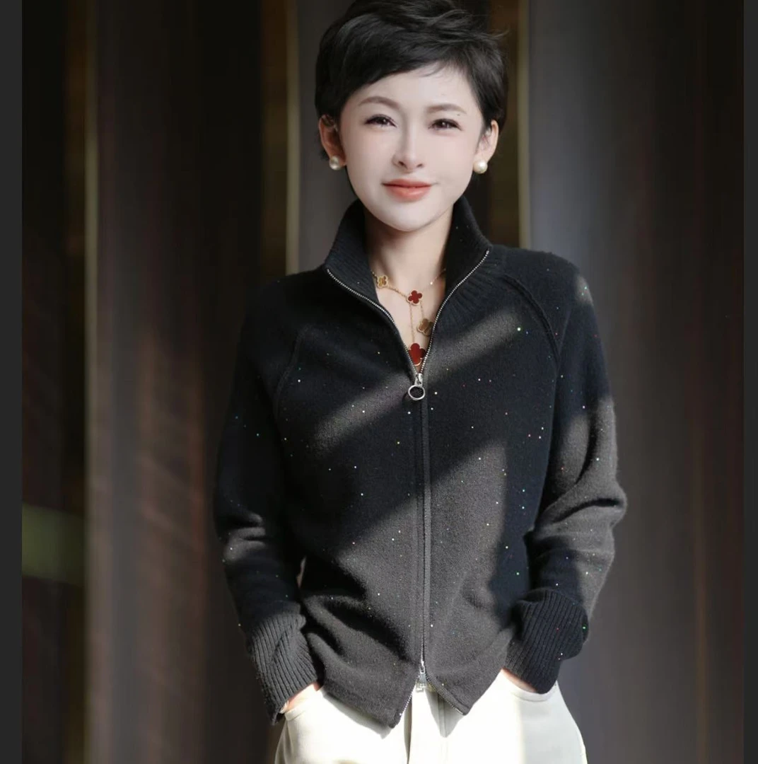 MINGGANG/名港【七彩圣诞树】秋冬亮片百搭立领插肩袖针织衫 MG7336