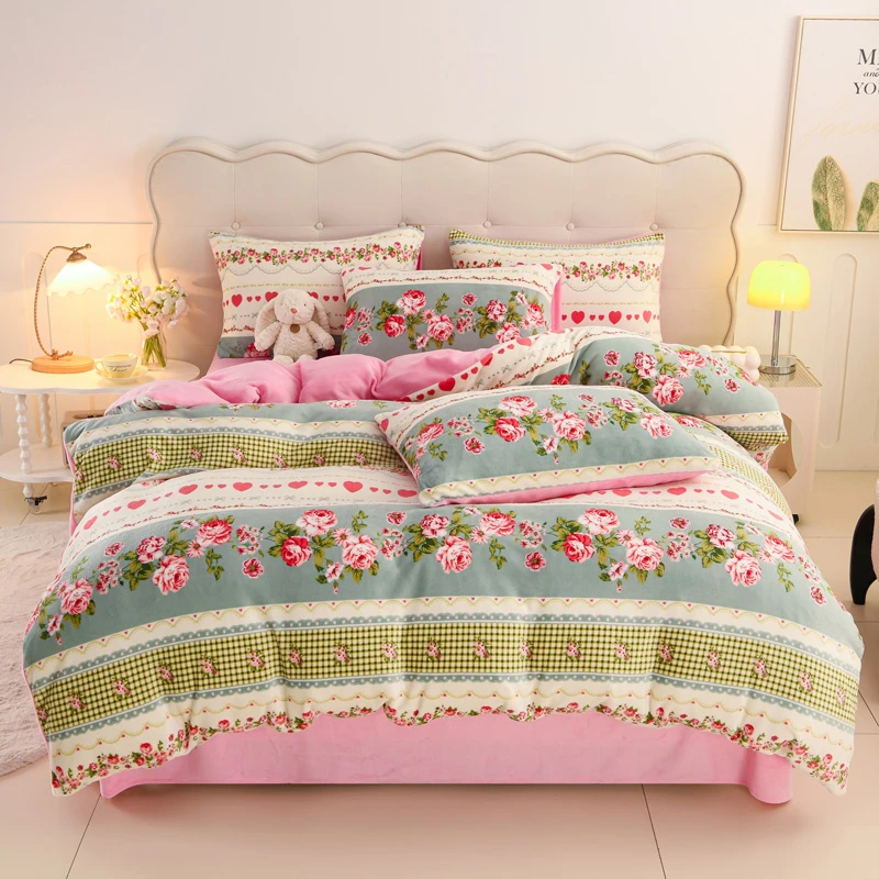 冬季必备新款加厚牛奶绒四件套珊瑚绒双面加绒床品田园花海