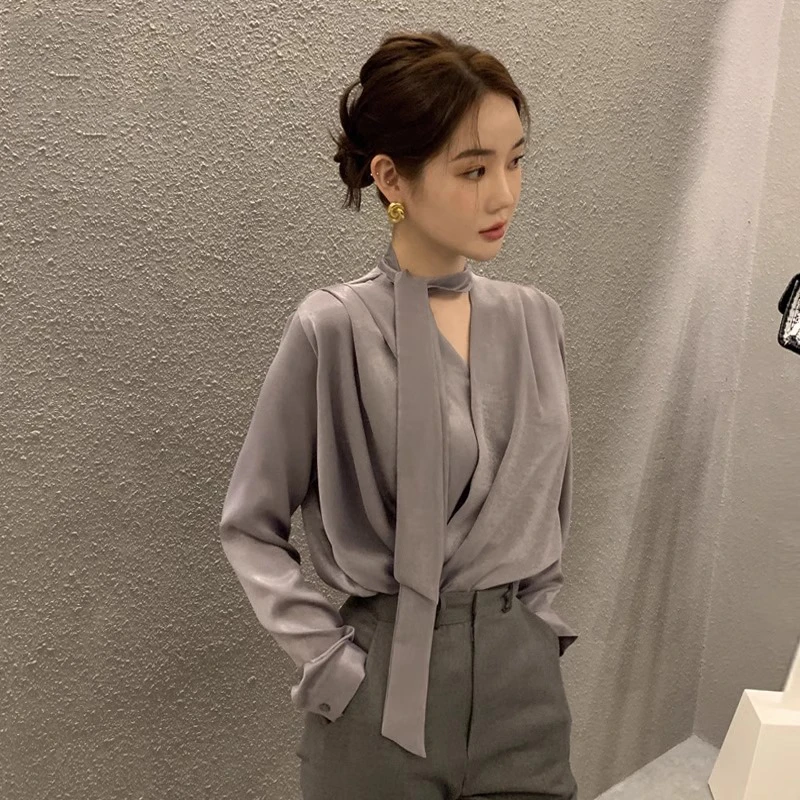 法式挂脖飘带长袖v领衬衫女2025秋季新款设计感修身显瘦百搭衬衣