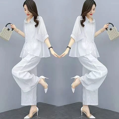 时尚棉麻套装女年春夏新款气质显瘦洋气减龄大码阔腿裤两套