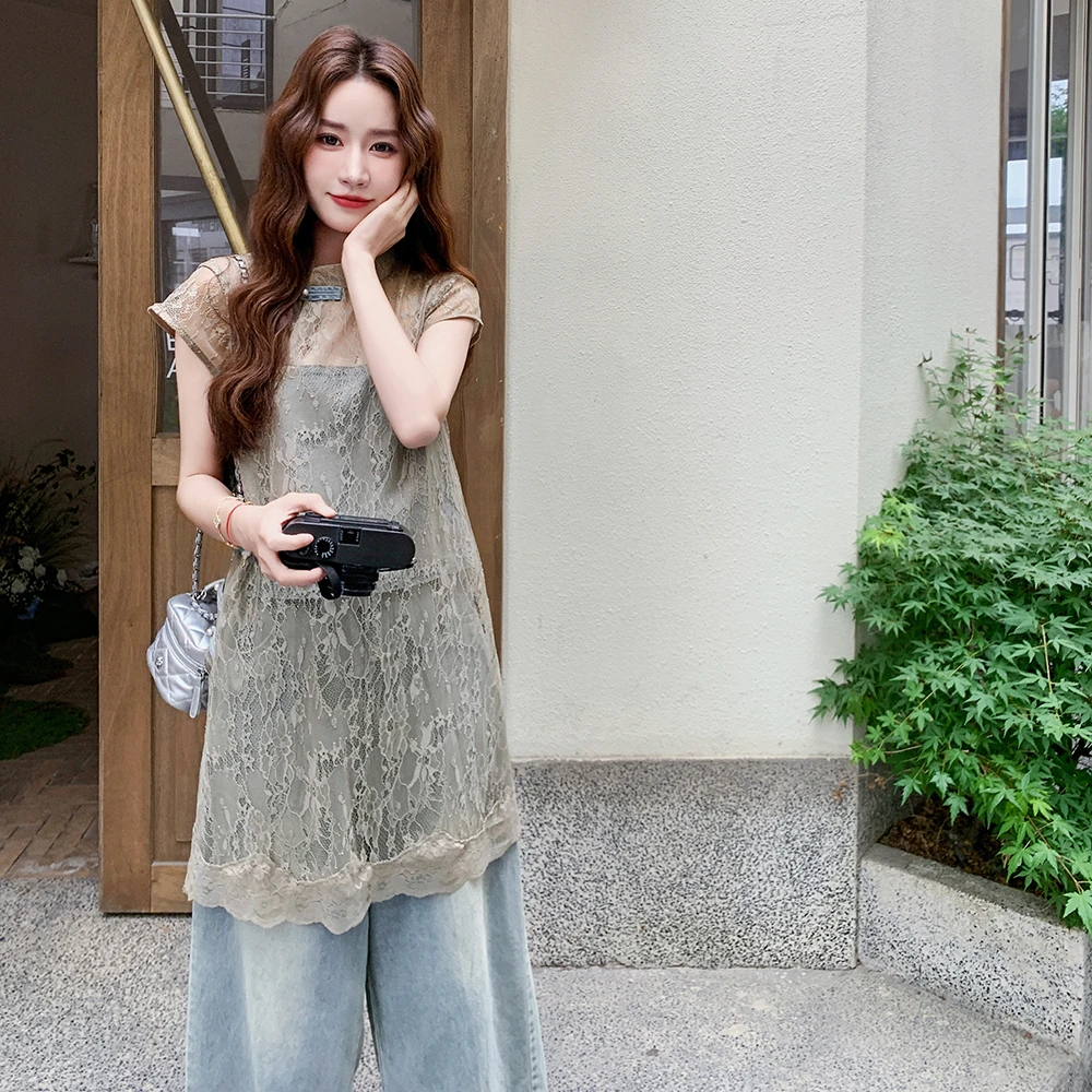 大方得体穿搭一整套复古拼接蕾丝上衣高腰女生韩系ins衣服