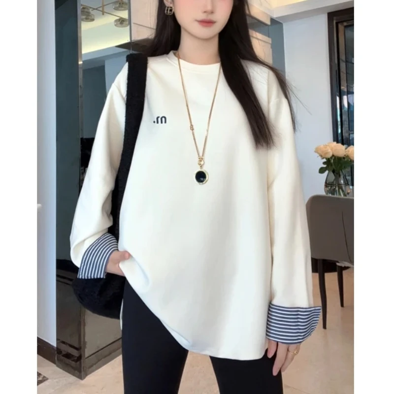 春款爆款重磅韩版圆领2025时尚拼接刺绣棉T假两件宽松百搭上衣