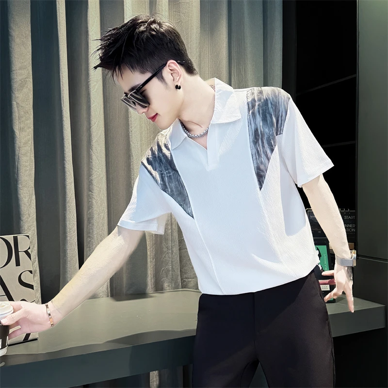 痞帅拼接男款衬衫夏季冰丝短袖爆款2025新款高级感男装五分袖衬衣