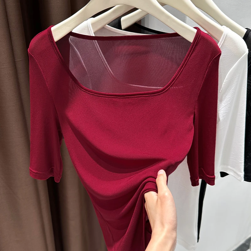 方领网纱设计感半透薄款t恤夏季新款蕾丝小衫内搭洋气中袖上衣女