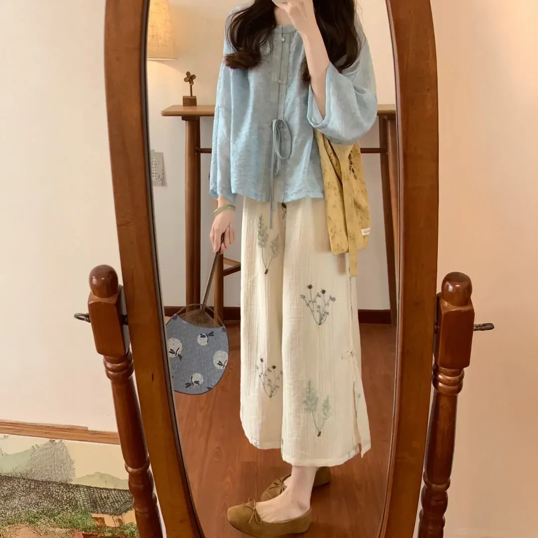 B528+B530夏季新中式松弛感蓝色衬衫上衣搭配休闲裤气质两件套装