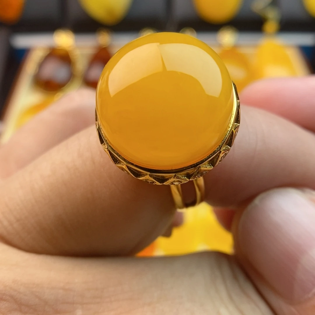 琥珀银S925镀金镶嵌戒指
