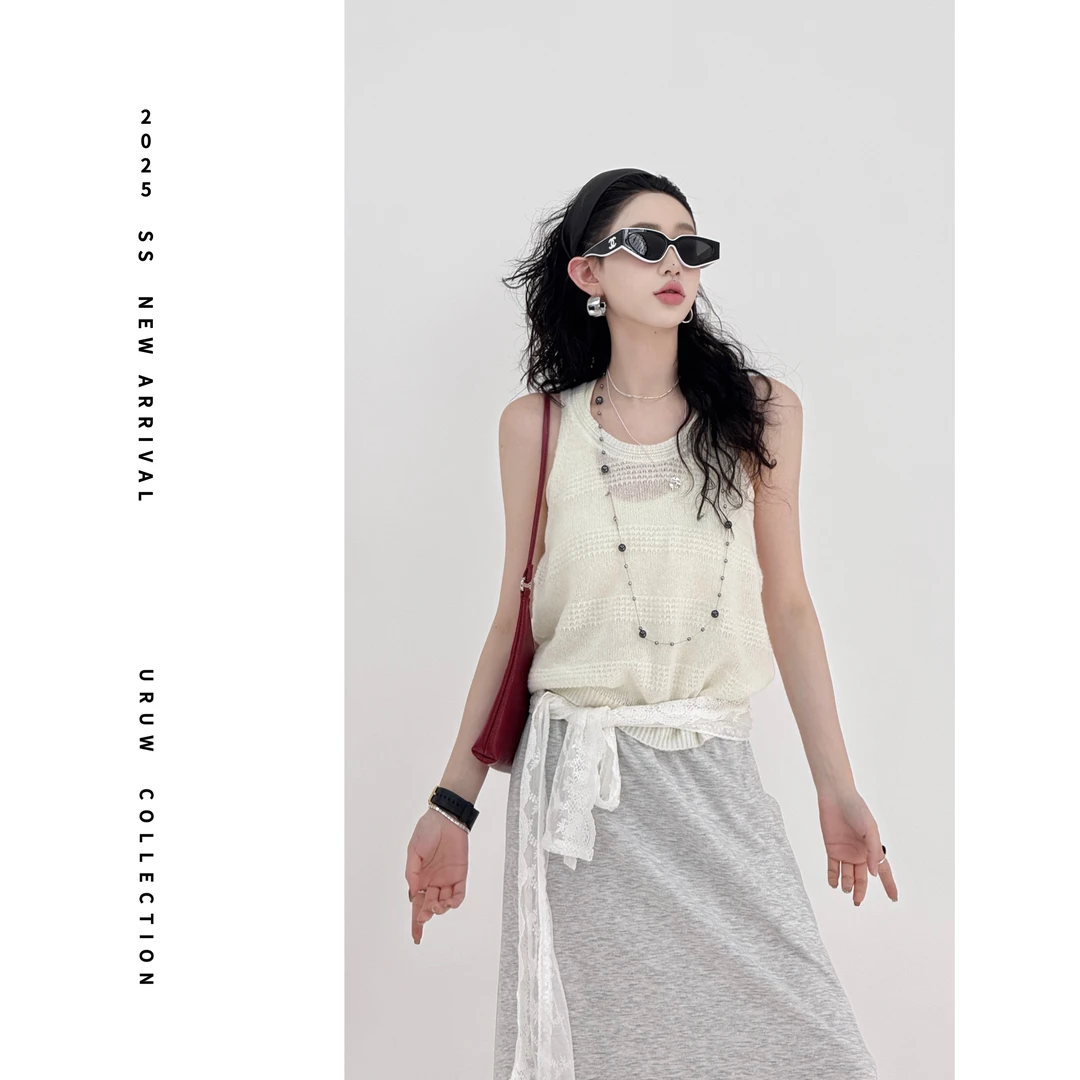 现货【人间白茶】设计感微透无袖上衣纯色白色纹理感针织衫 6599