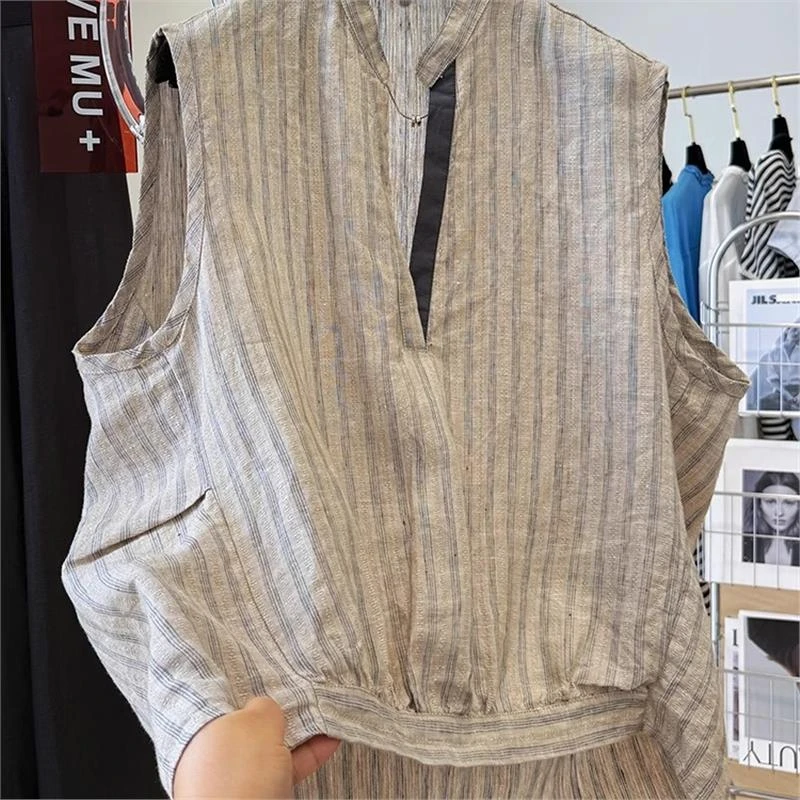 特大码300斤情侣复古风设计感高端亚麻条纹无袖衬衫男女夏季上衣2