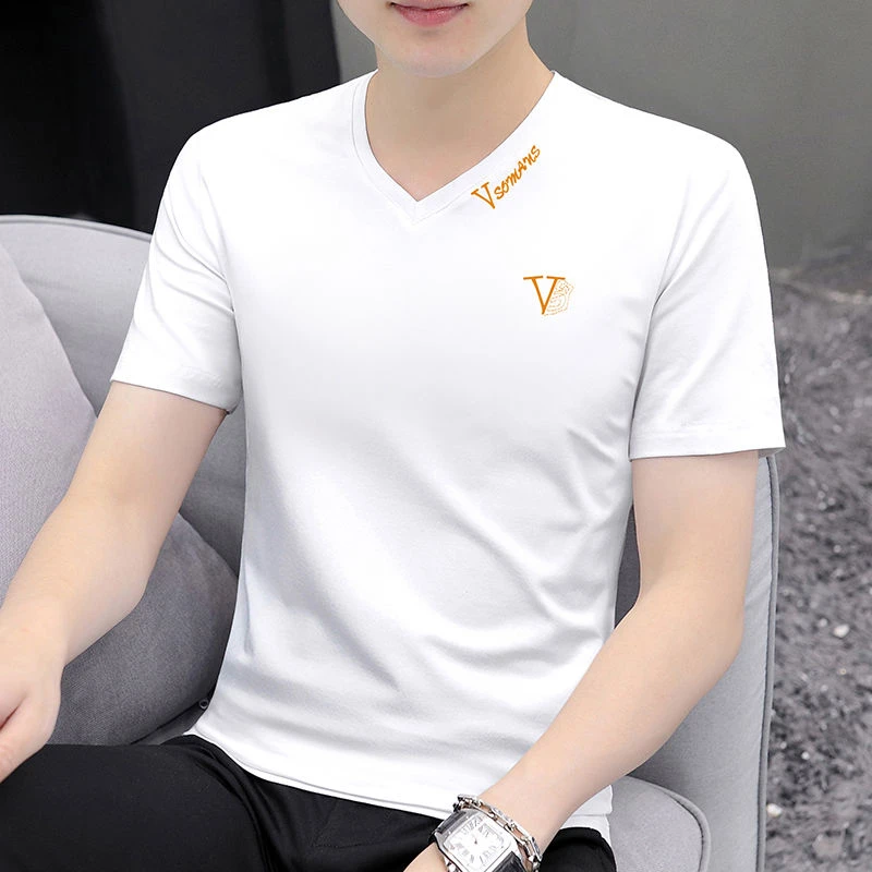 2025夏季新款男士短袖t恤V领印花简约休闲男t潮流男装体恤打底衫