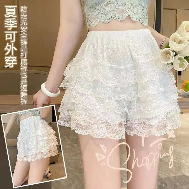 【XRJ】女白色蕾丝防走光夏季薄款不卷边可外穿短裤保险裤打底裤