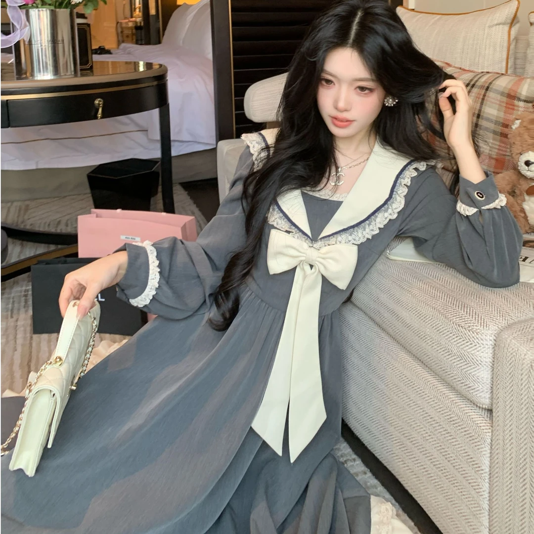 Blovelan水星手信 学院风海军领蕾丝拼接款长裙