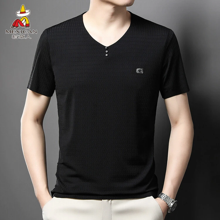 稻草人直筒型大码男装薄款男恤打底春季夏季新款V领短袖时尚都市