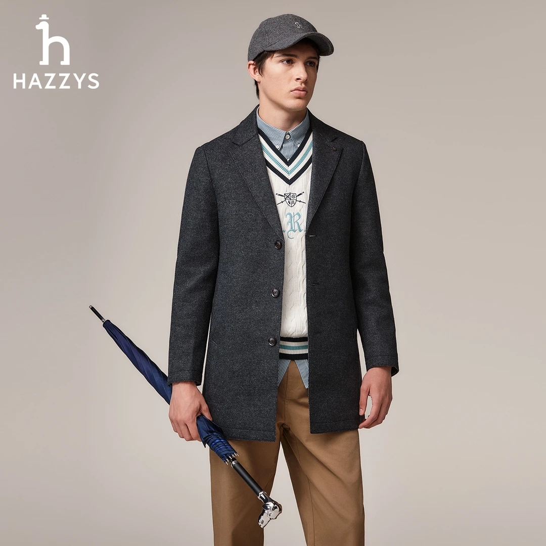 HAZZYS哈吉斯秋冬季男士毛呢大衣中长款时尚商务休闲羊毛呢外套