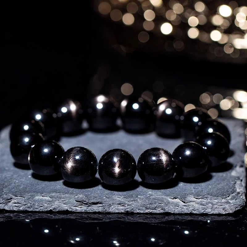 【配证书】天然收藏款埃及金运石强光晕手串男女情侣黑色手链