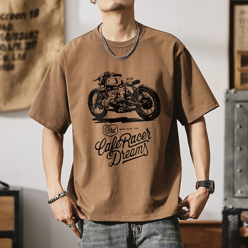 纯棉男士男装短袖T恤美式印花宽松衣服加大圆领半袖大码上衣t恤