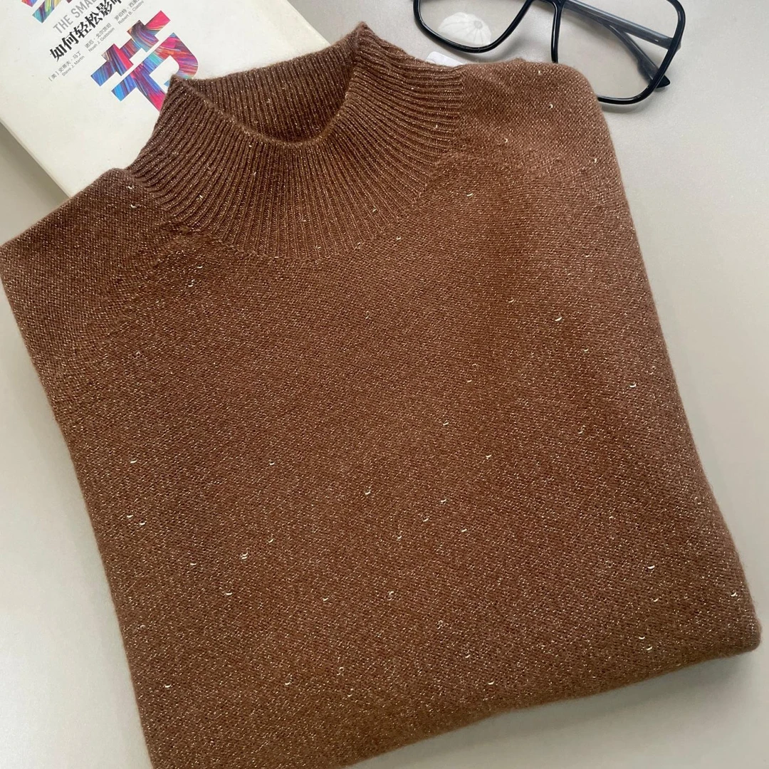 100绵羊毛半高领金豆纱无缝打底针织衫百搭长袖上衣M013