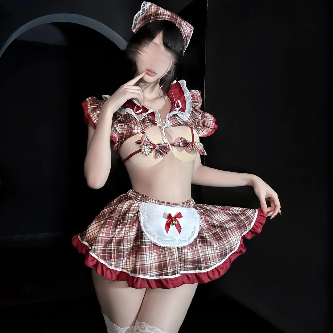 甜美少女感辣妹蝴蝶结波点吊带上衣格纹蕾丝半身裙女连衣群