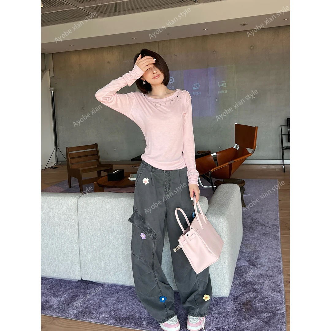 【AYOBE】小贤 美式复古小众休闲嘻哈立体花朵工装裤