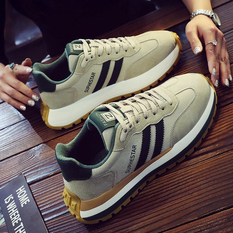 2025新款春季真皮透气复古百搭运动鞋跑步休闲板鞋男轻便潮鞋厚底