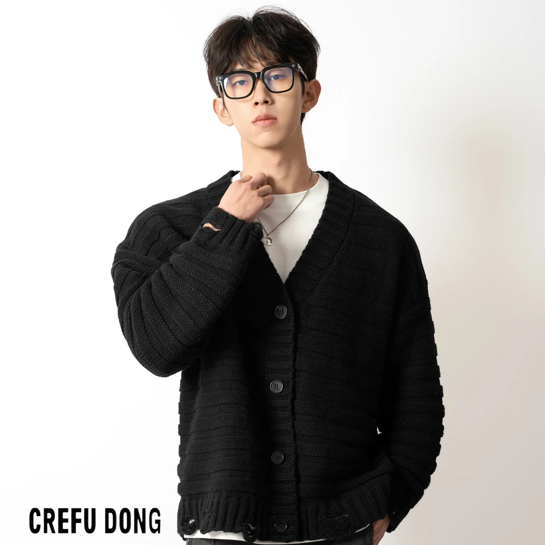 CREFU DONG 羊毛破坏开衫毛衣 松弛慵懒气质条纹针织开衫CDM2441