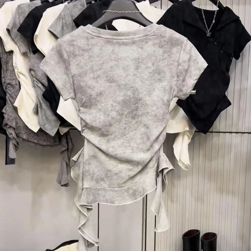 美式辣妹短袖t恤女夏2025年扎染圆领显瘦小衫不规则洋气