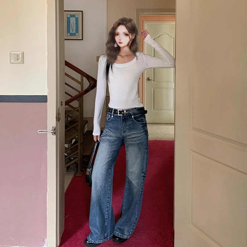 裤长109cm 美式复古微喇叭牛仔裤女高个子宽松加长垂感显瘦拖地裤