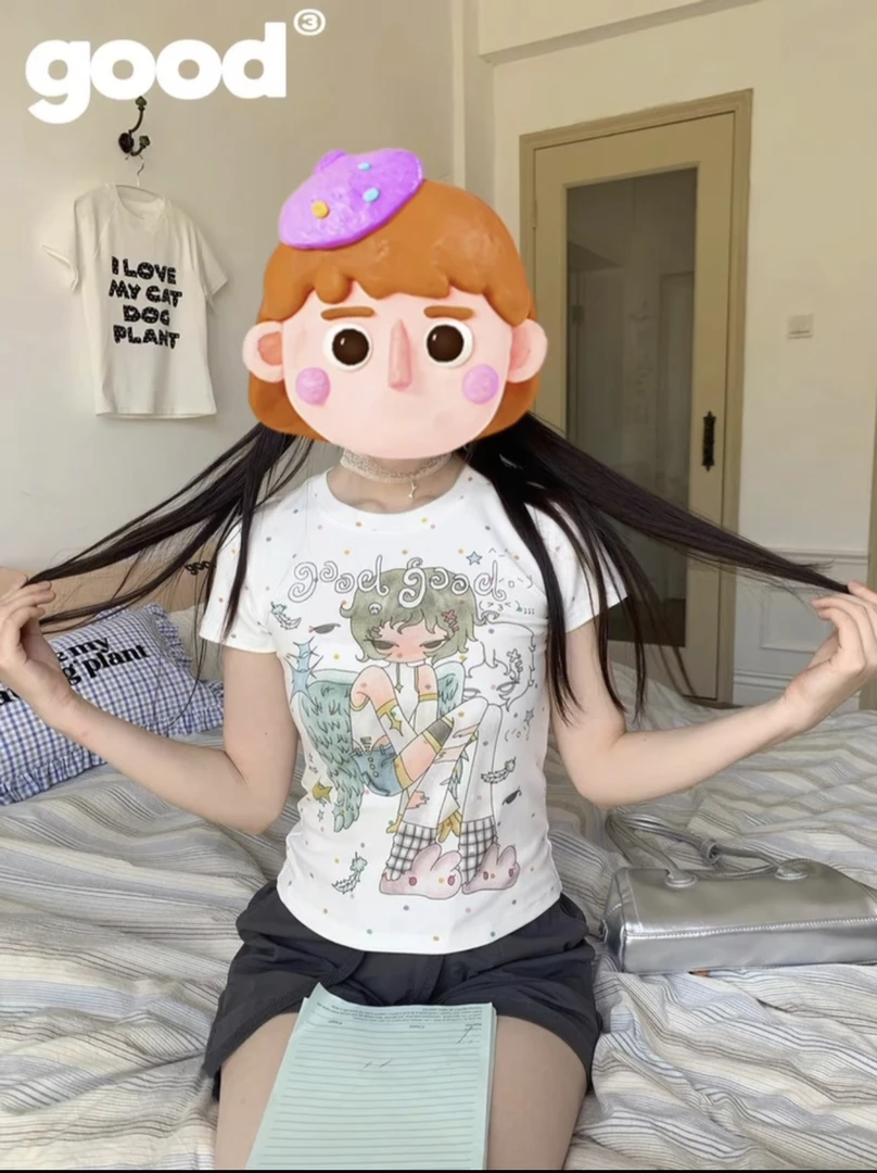 【美好】情绪女孩 短袖时尚圆领T恤常规韩版圆领休闲风印花夏装洋气