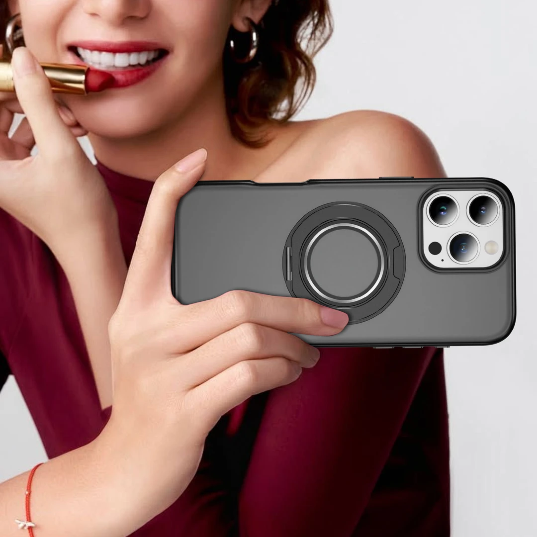 半透磨砂手机壳创意便携旋转360°支点壳磁吸防摔手机壳适用苹果