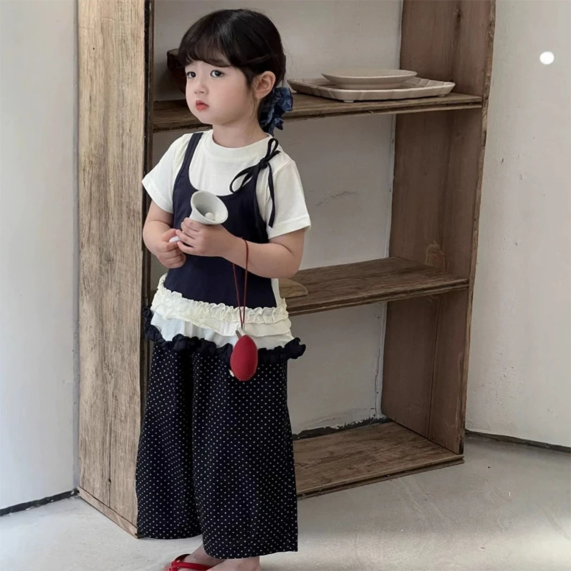 女童2025夏季新款女童短袖T女孩儿童假两件木耳花边T恤波点裤套装