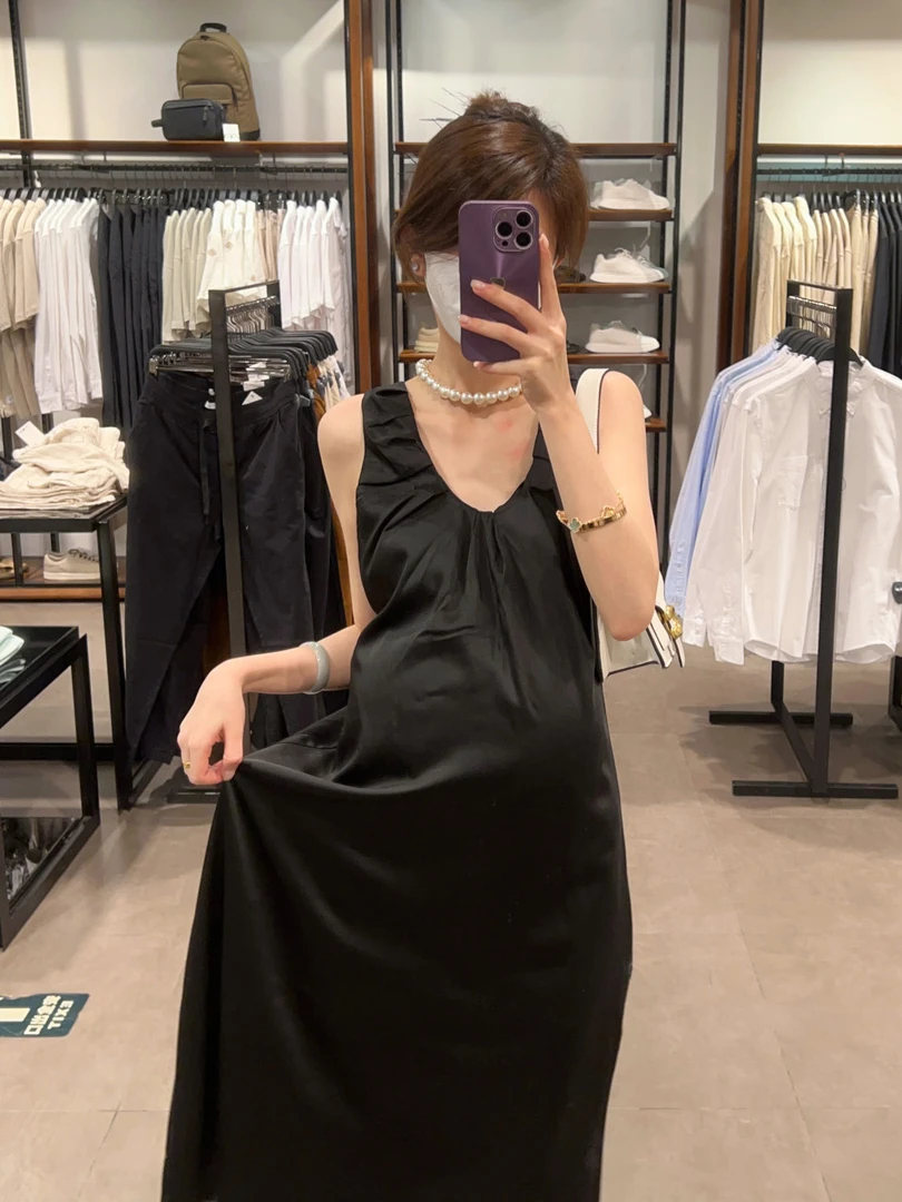 孕妇装气质端面高级风U领宽松褶皱夏季背心孕妇女式连衣裙