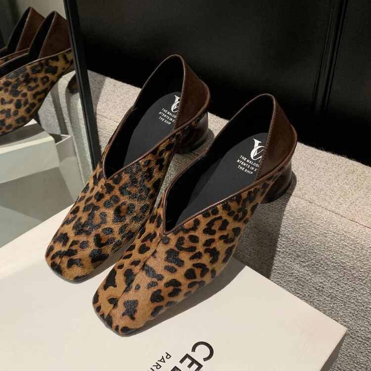 胎牛毛~5cm~时尚豹纹深口高跟单鞋异形跟V口显瘦软皮手工真皮女鞋