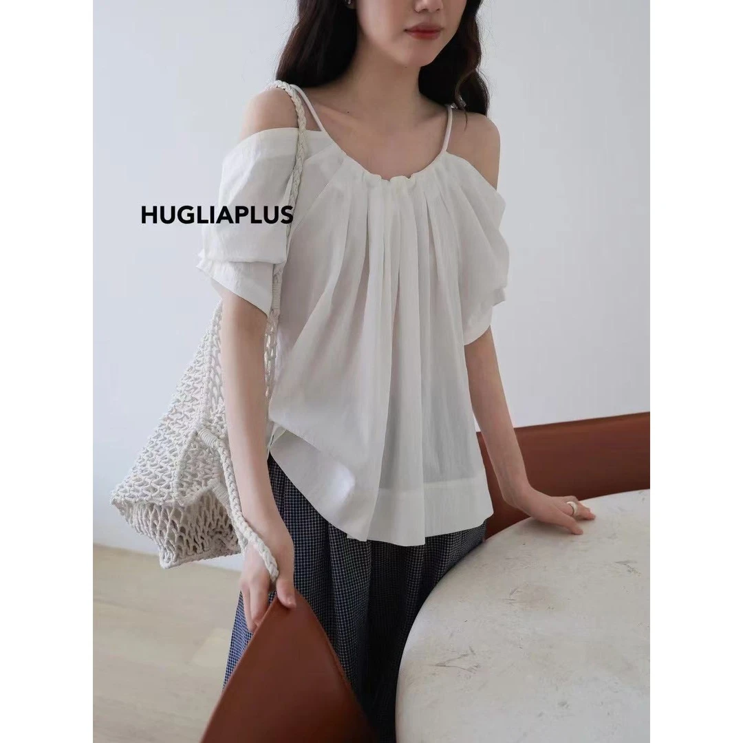 N6342#“一眼心动！”设计感露肩减龄遮肉小衫