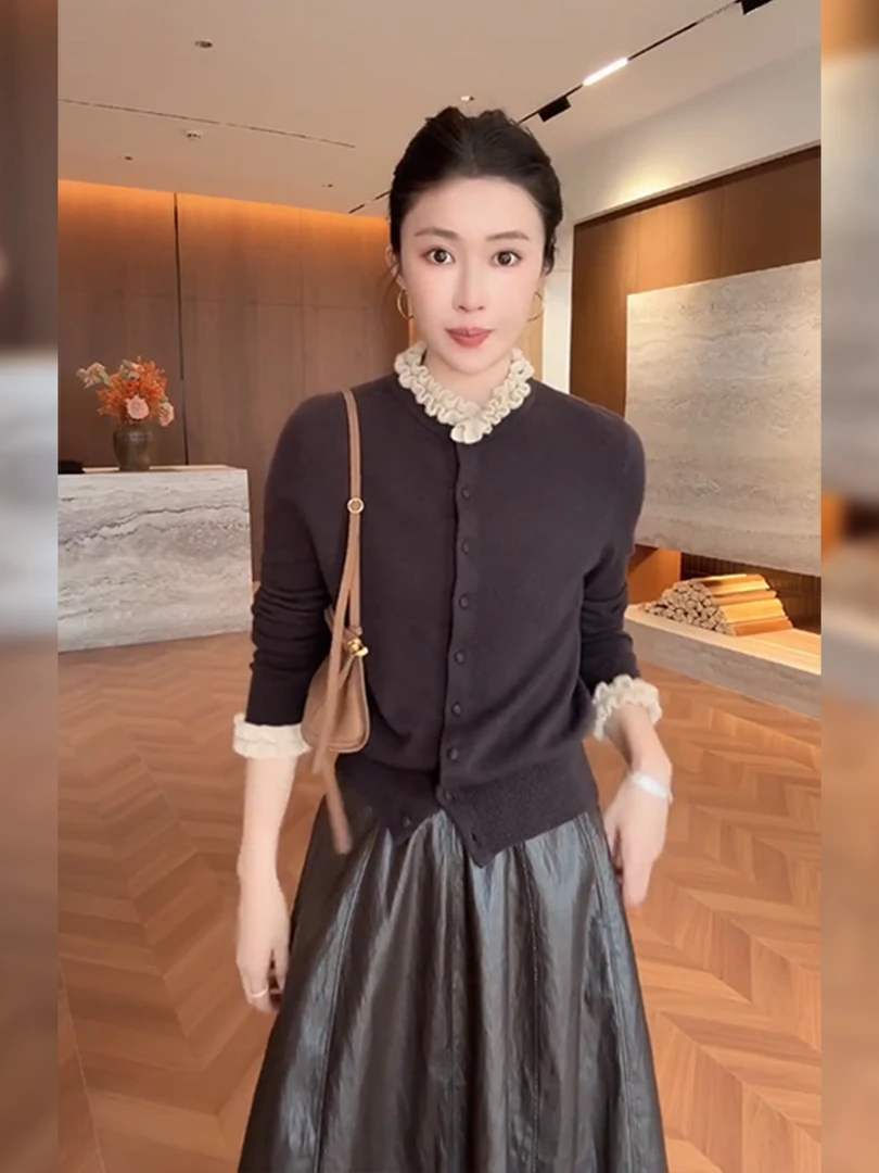 法式气质撞色花边针织开衫女装2025秋冬新款时尚皮裙淑女通勤套装