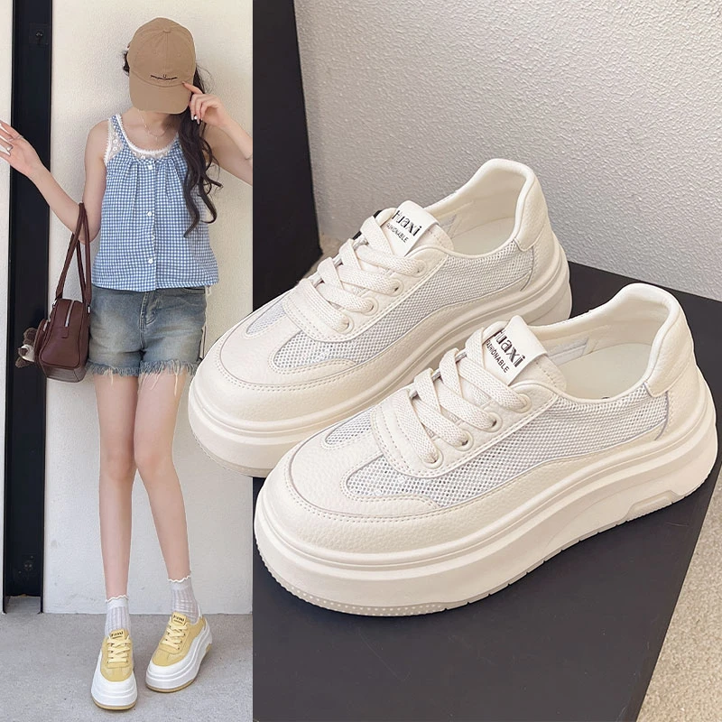 夏季小白鞋百搭2025韩版透气厚底网面鞋子女鞋学生板鞋子运动女鞋