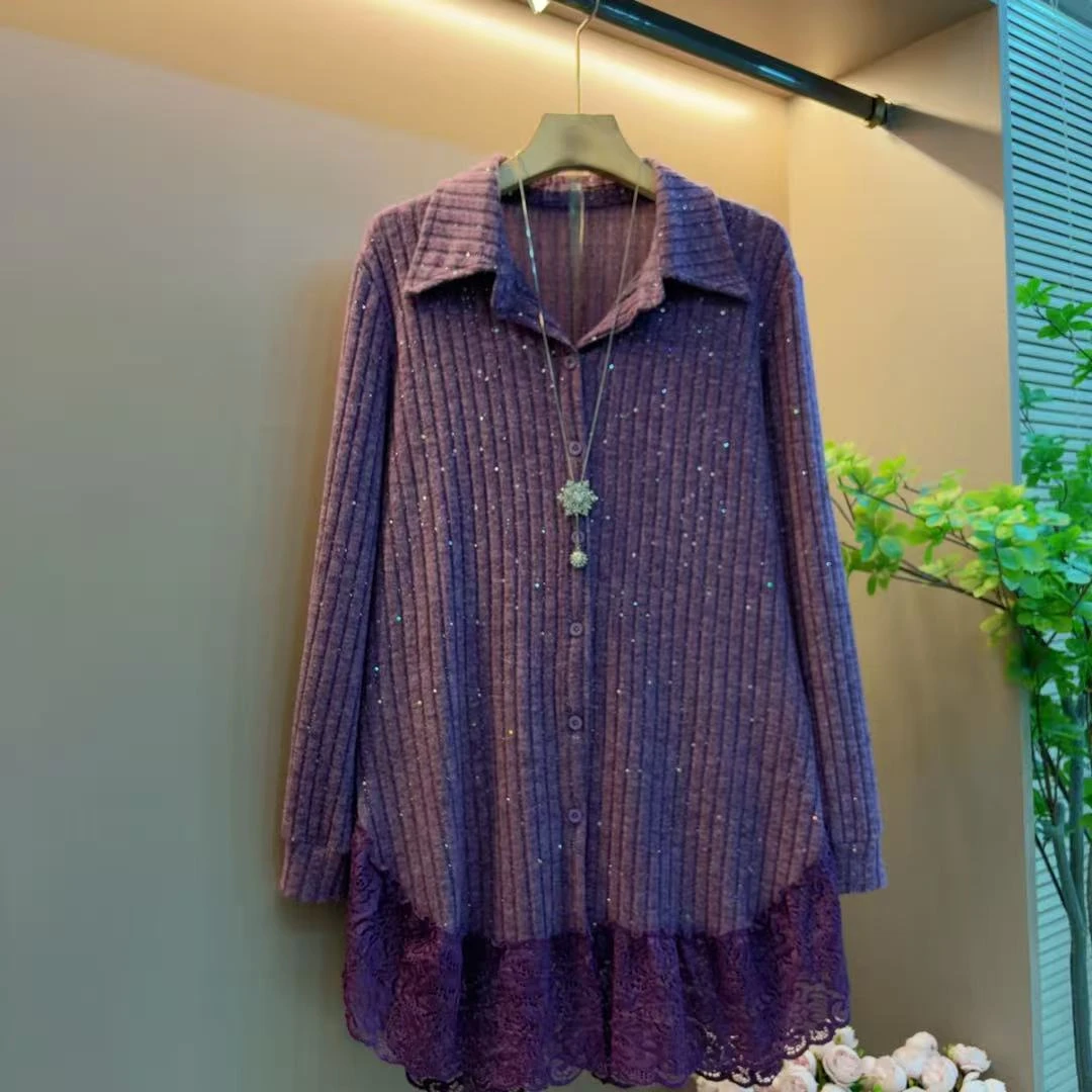 新款翻领拼接蕾丝宽松轻奢显瘦时尚百搭气质上衣（衣长88左右）