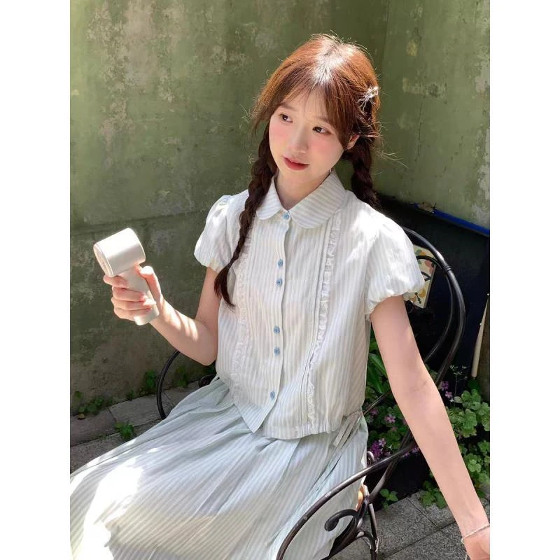 甜美条纹短袖娃娃领衬衫中长款半身裙套装裙两件套