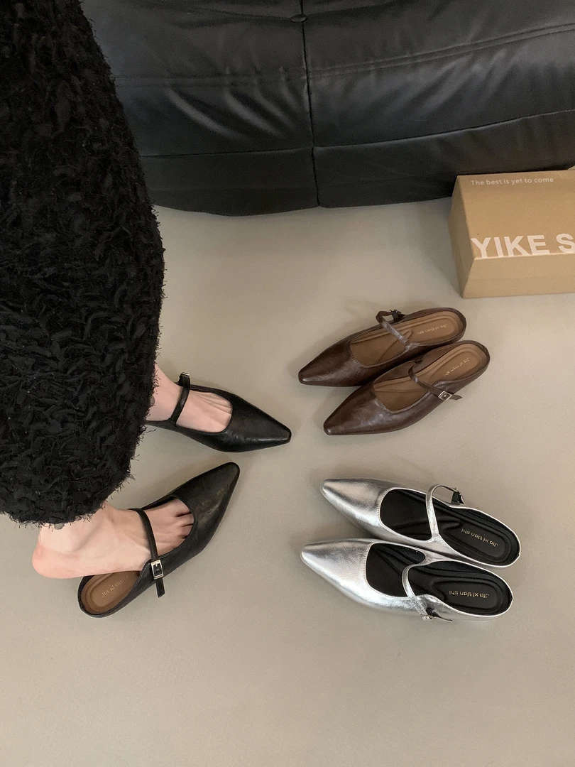 包头半拖鞋女法式鞋外穿2025新款夏季百搭尖头粗跟玛丽珍浅口单鞋