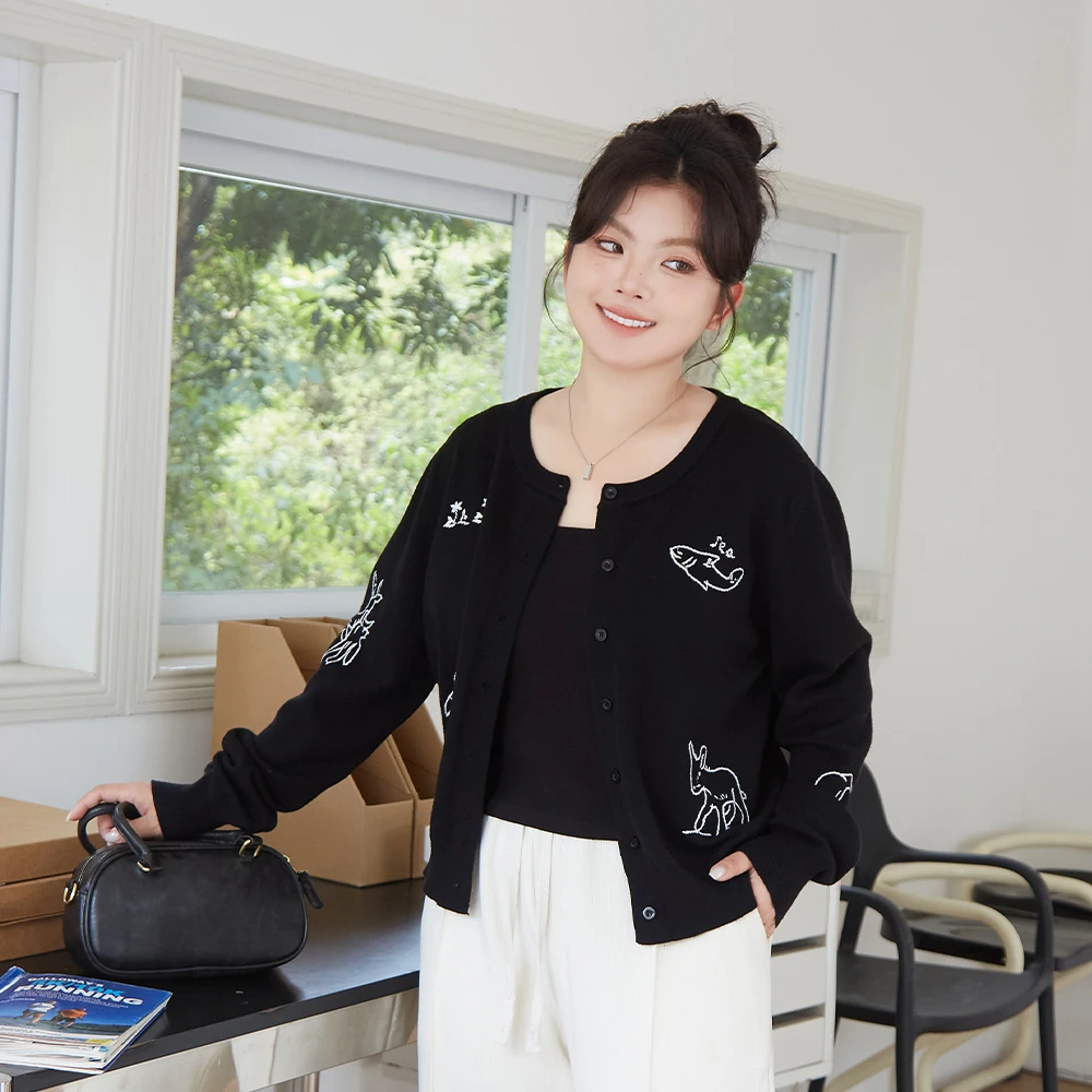 2025春季新款休闲黑色针织长袖趣味图案刺绣开衫时尚百搭 5370