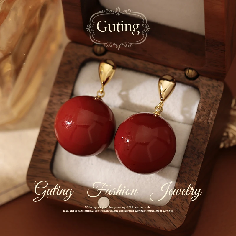 铜合金耳饰 22878红色圆形耳坠耳环女高级感轻奢耳钉金色水滴耳饰