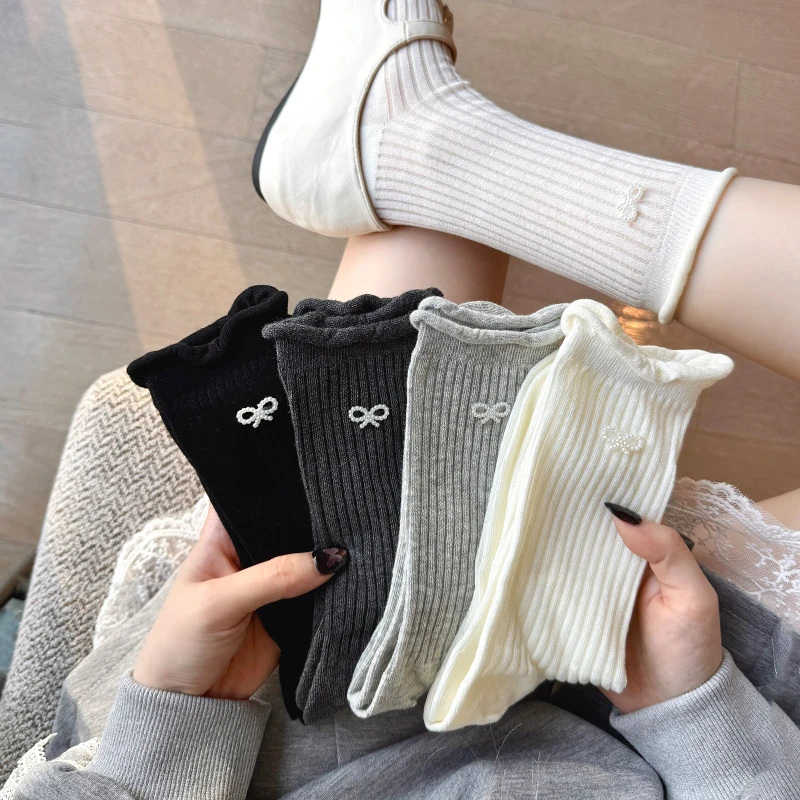 袜子女夏季薄款中筒袜ins潮流芭蕾风女款蝴蝶结棉袜透气白袜夏天