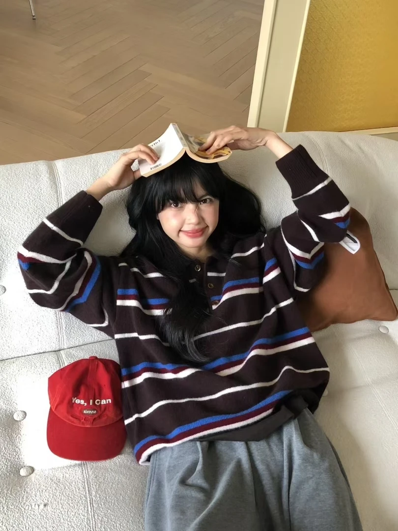 s/复古撞色条纹毛衣女2025新款百搭韩系休闲减龄针织衫上衣A085