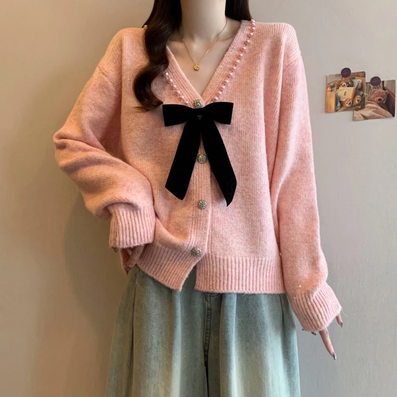 法式蝴蝶结钉珠V领长袖毛针织衫女秋季2025新款大码胖mm毛衣上衣