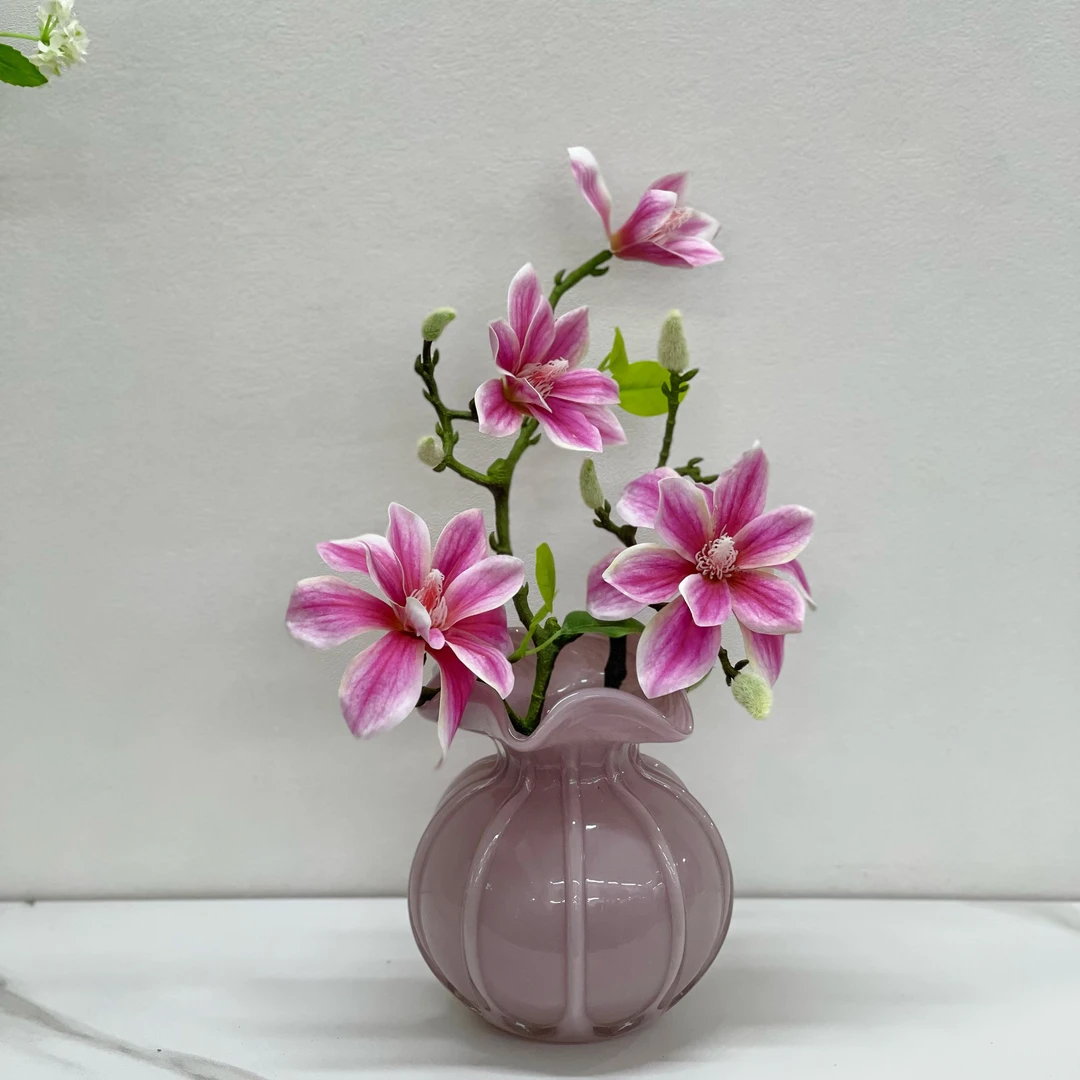 手工制作香芋紫色飘金粉琉璃花瓶仿玉兰花套装床头柜茶几装饰花艺