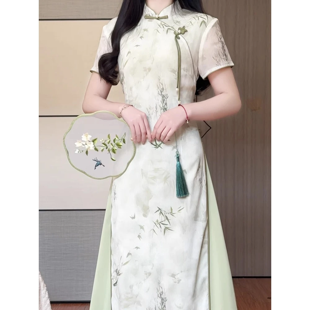 绿色素雅新中式改良奥黛旗袍女2025年夏季新款淑女范年轻款连衣裙