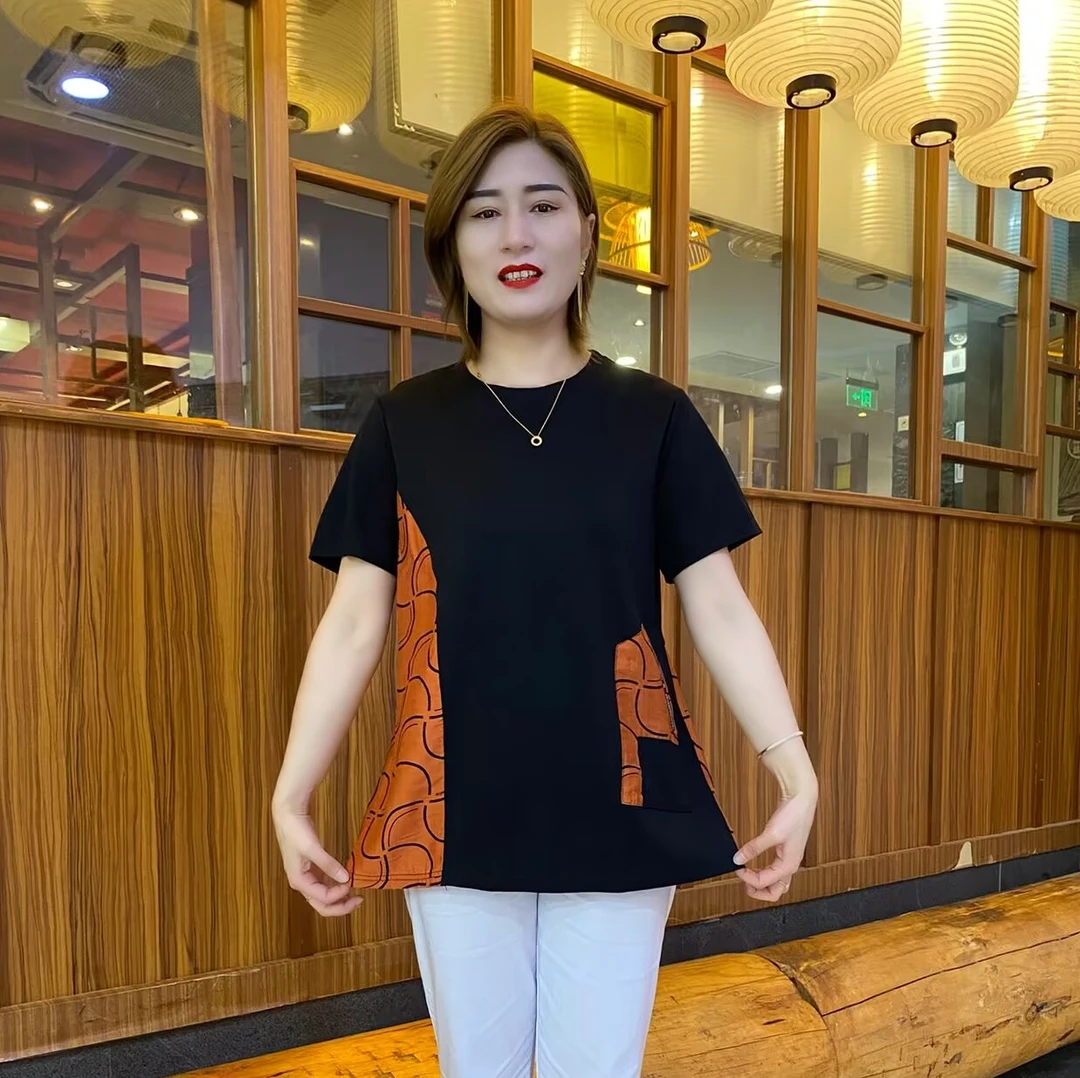 夏季新款时尚拼接设计款气质减龄宽松休闲妈妈装中长洋气衫