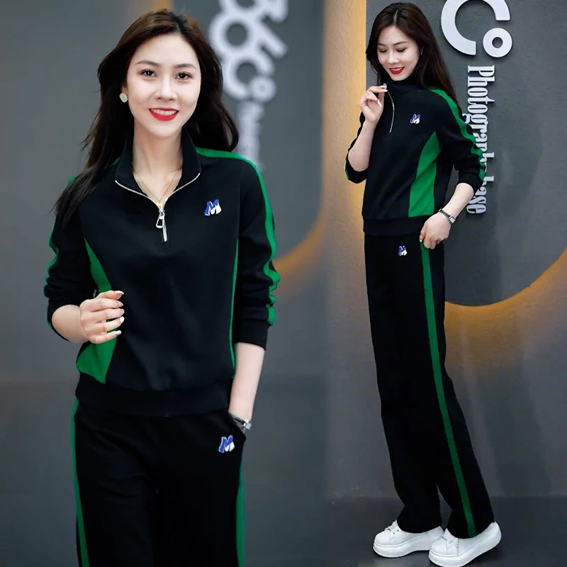 高含棉休闲运动服套装女2025年春秋季新款时尚阔腿裤跑步服两件套